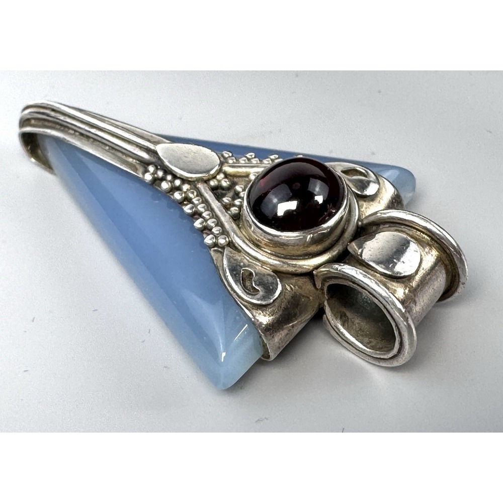 Blue Chalcedony & Garnet 925 Sterling Silver Artisan Pendant 24.15g 2.25"